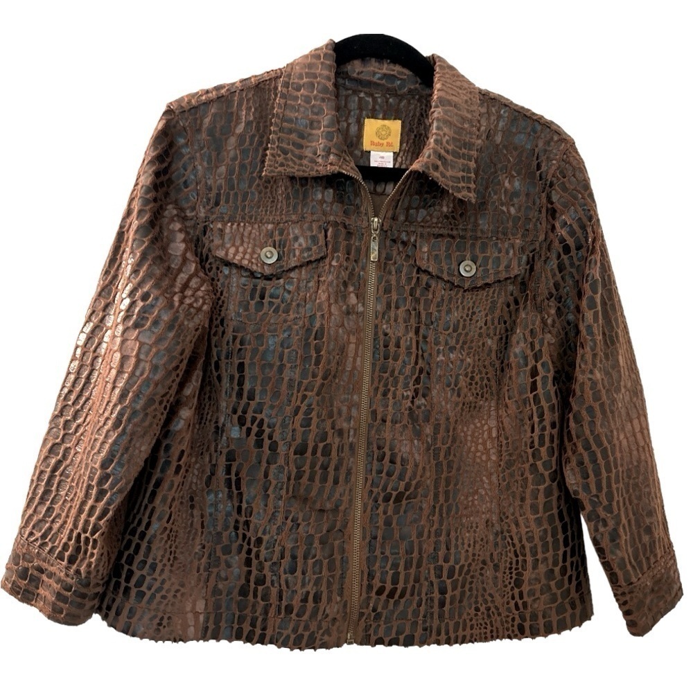 RUBY RD jacket, black and brown faux leather and suede. Animal print. Fu…